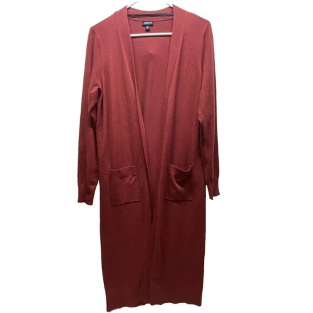 Torrid Open Front Cardigan Women's 00 M/L Maroon Tight Knit Duster Pockets EUC‎